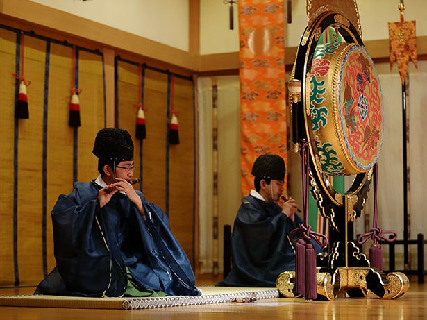 Sacred Shinto dance by shrine maidens accompanied by Gagaku (traditional music).